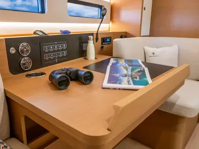 Salon of Starlet, a Jeanneau Sun Odyssey 415 sailboat at Kontokali, Greece