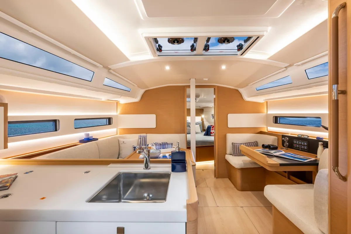 Salon of Starlet, a Jeanneau Sun Odyssey 415 sailboat at Kontokali, Greece