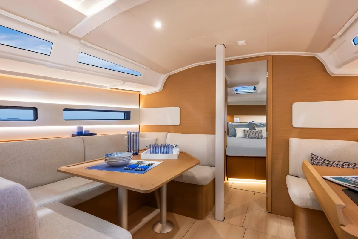 Salon of Starlet, a Jeanneau Sun Odyssey 415 sailboat at Kontokali, Greece