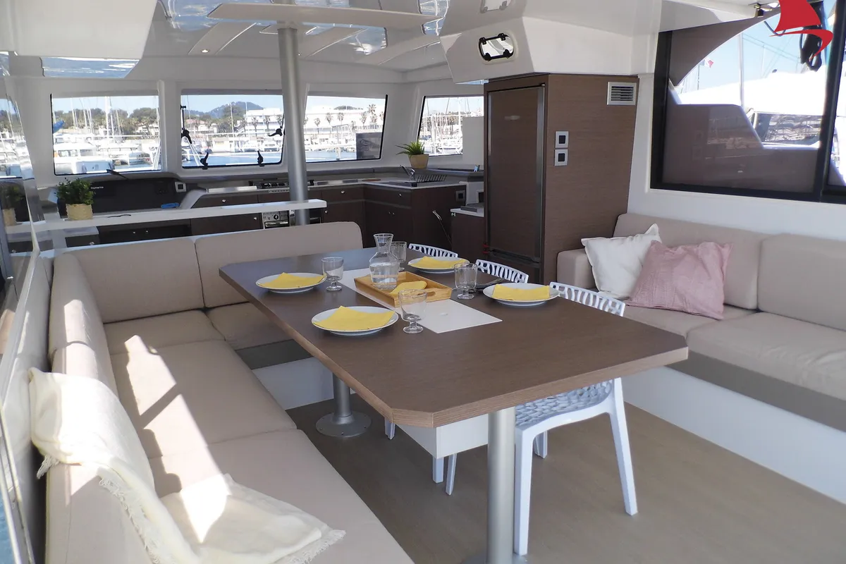 Salon of Moana, a Bali Catspace catamaran at Hyères, France