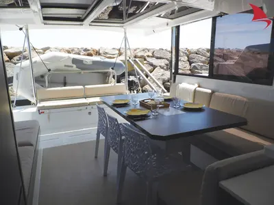 Salon of Moana, a Bali Catspace catamaran at Hyères, France