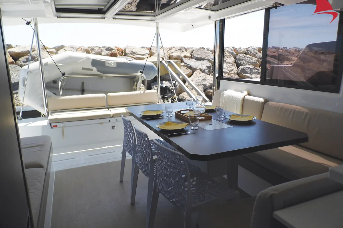 Salon of Moana, a Bali Catspace catamaran at Hyères, France