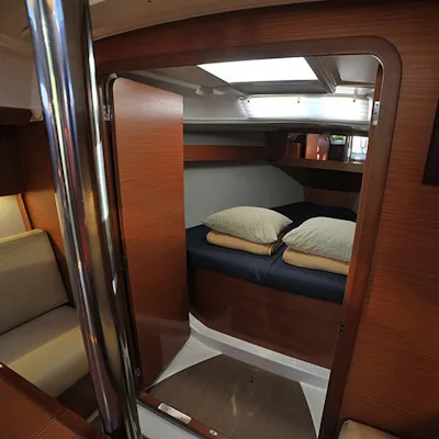 Cabin on Karibu, a Dufour 360 GL sailboat at Olbia, Italy