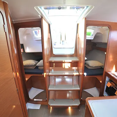 Cabin on Karibu, a Dufour 360 GL sailboat at Olbia, Italy