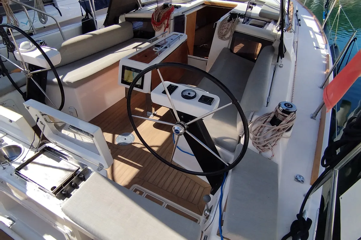 Cockpit of Karibu, a Dufour 360 GL sailboat at Olbia, Italy