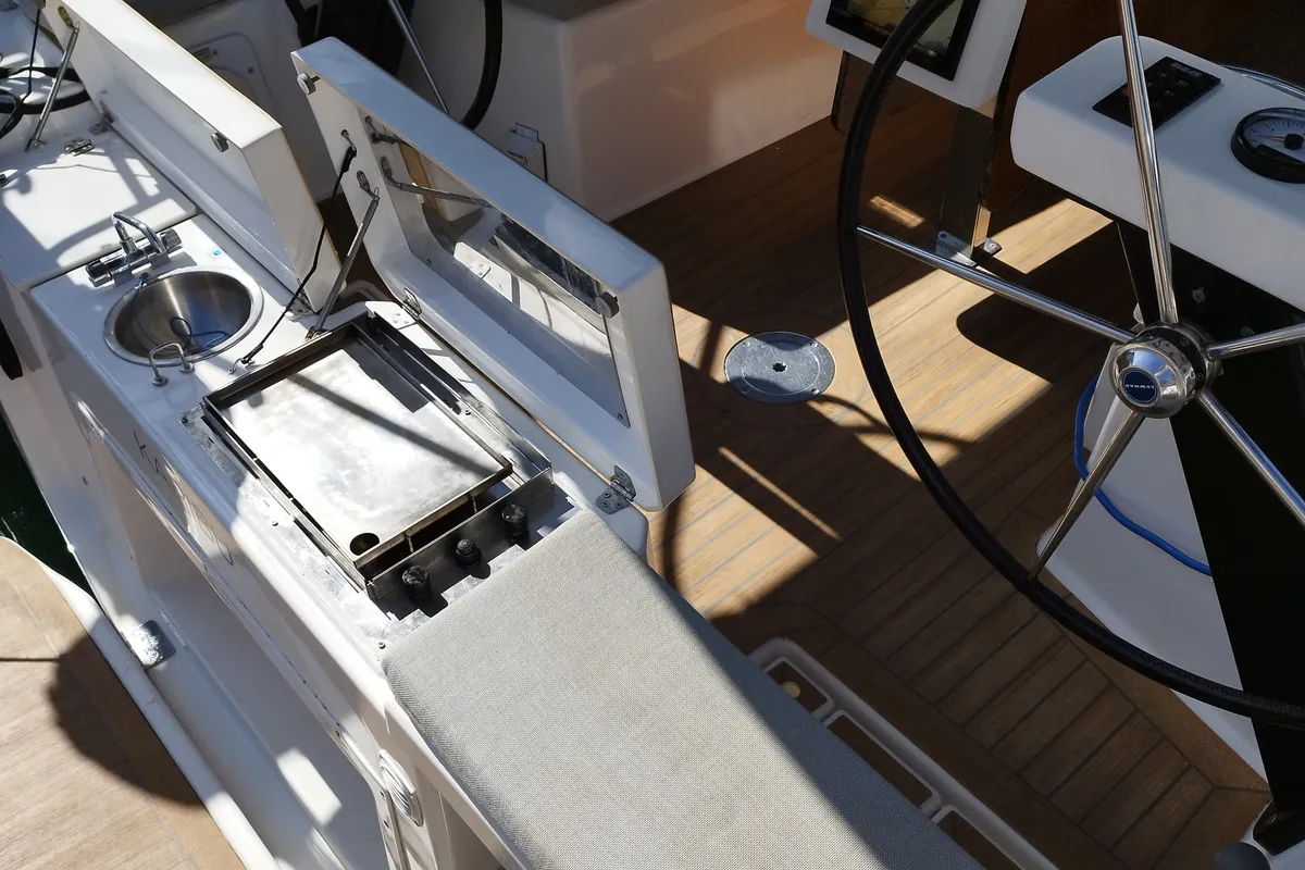 Deck of Karibu, a Dufour 360 GL sailboat at Olbia, Italy