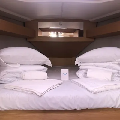 Cabin on Karibu, a Dufour 360 GL sailboat at Olbia, Italy