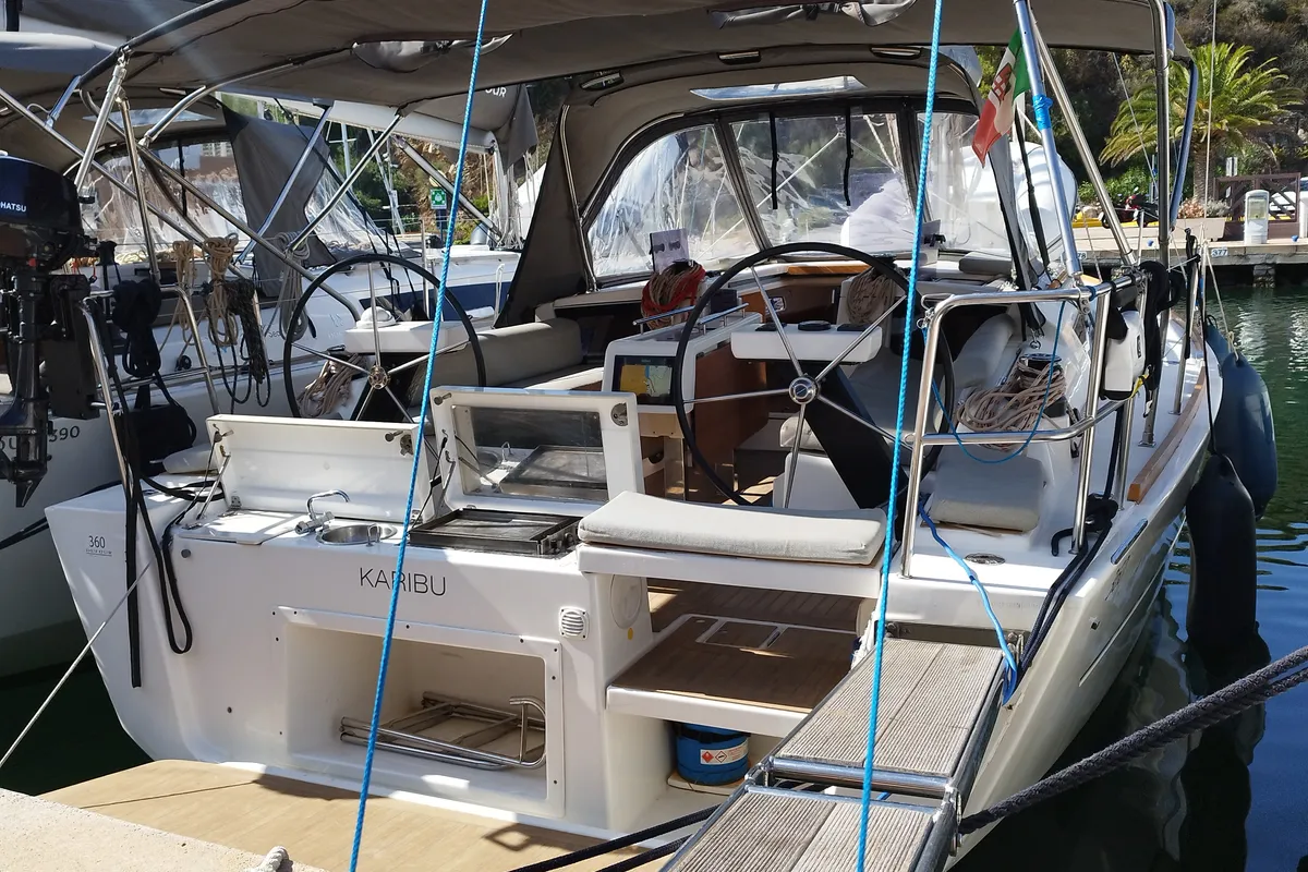 Exterior view of Karibu, a Dufour 360 GL sailboat at Olbia, Italy