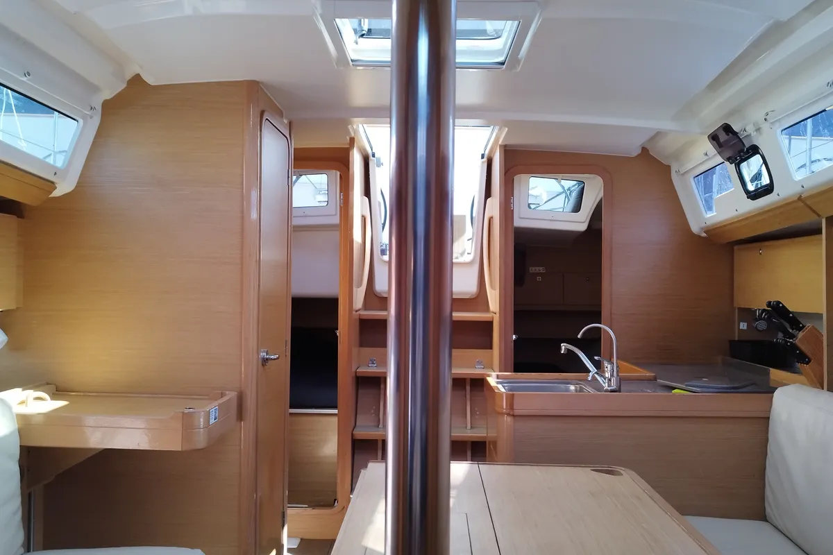 Salon of Karibu, a Dufour 360 GL sailboat at Olbia, Italy