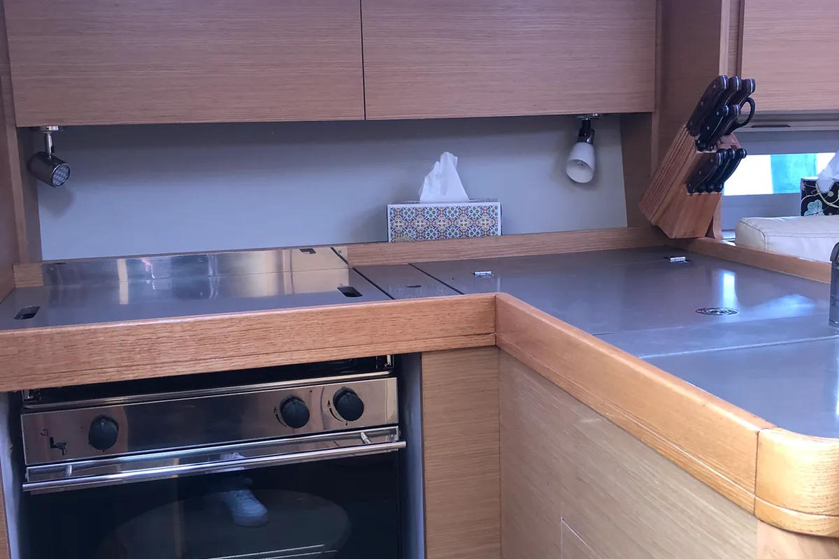 Galley of Karibu, a Dufour 360 GL sailboat at Olbia, Italy