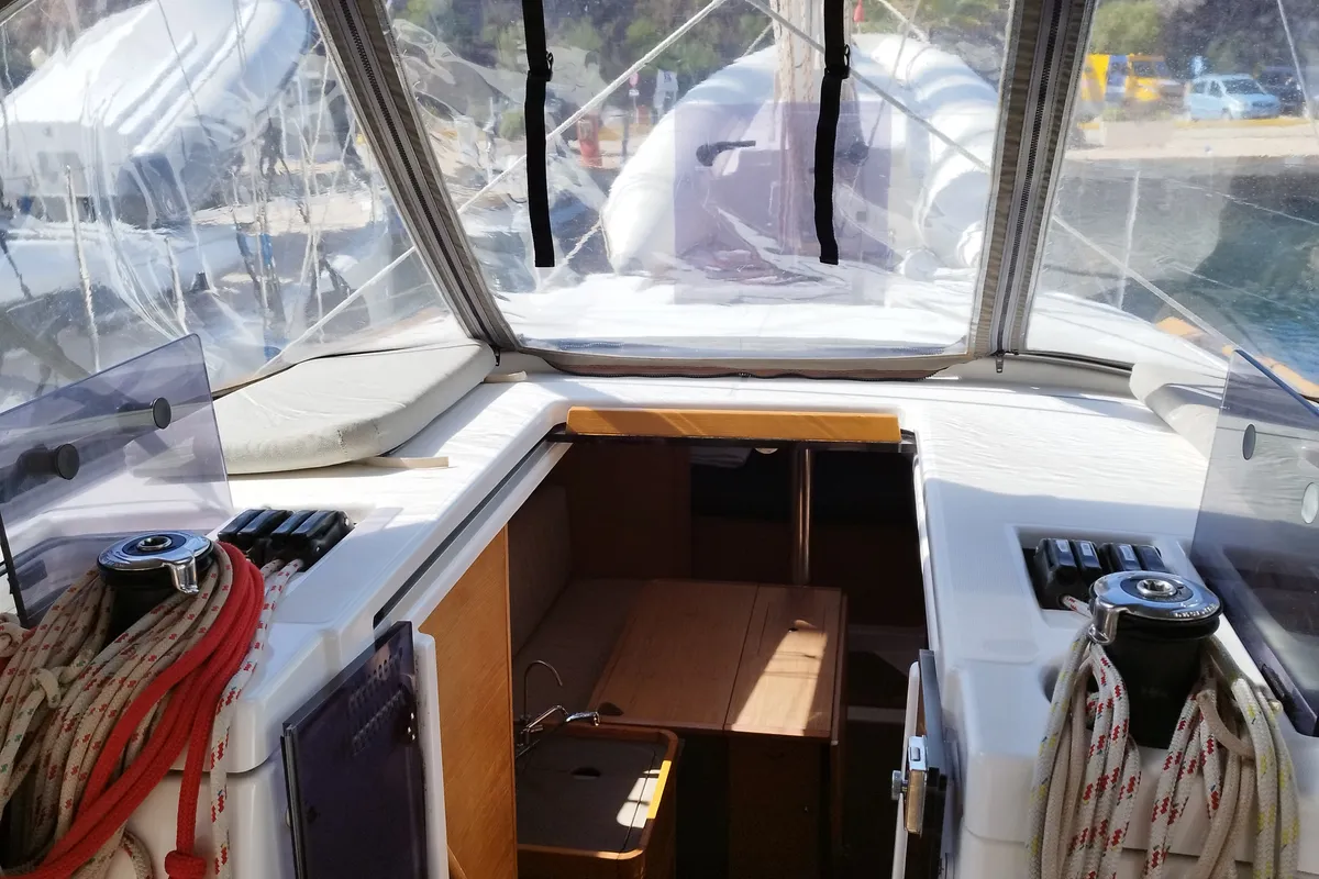 Deck of Karibu, a Dufour 360 GL sailboat at Olbia, Italy
