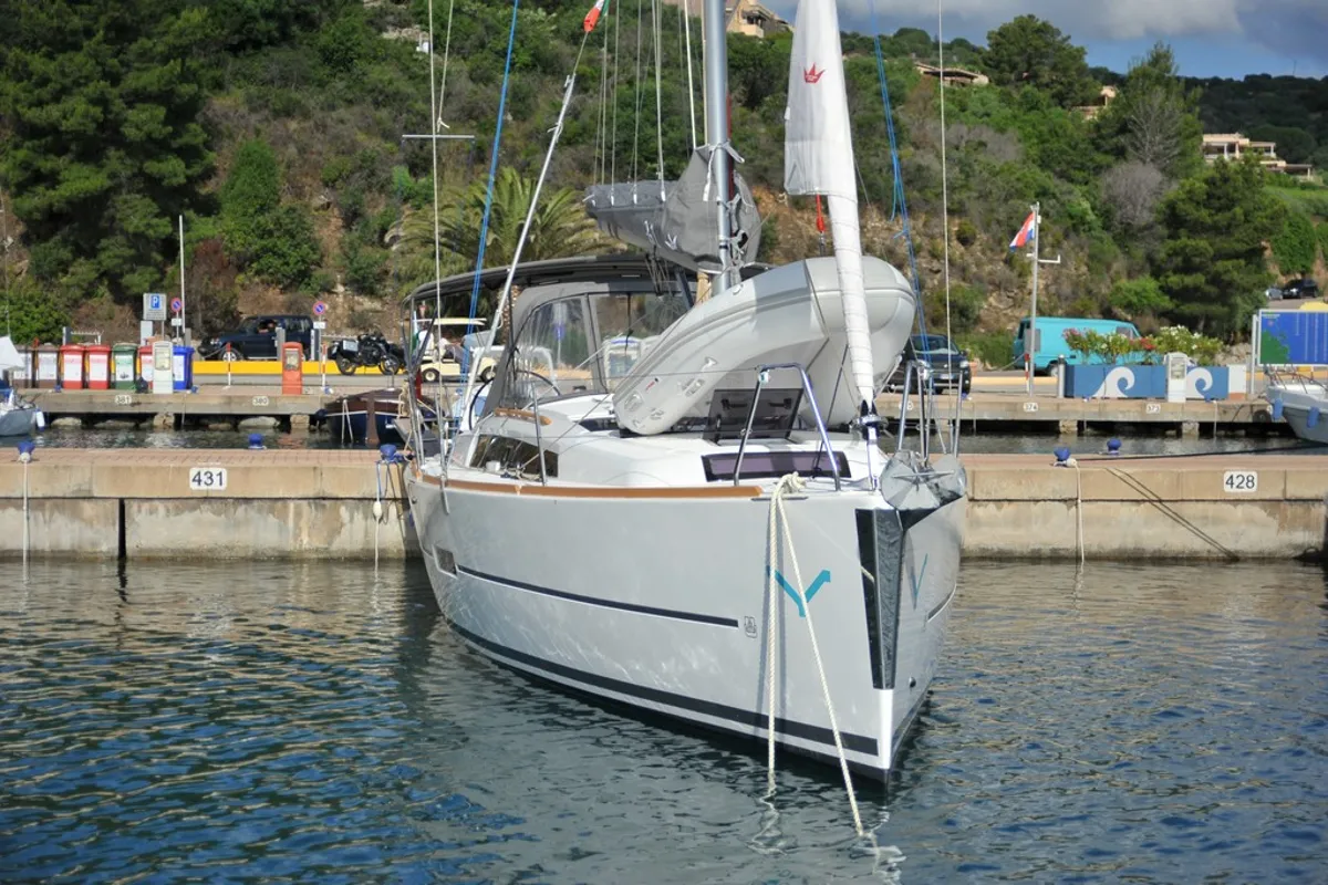 Exterior view of Karibu, a Dufour 360 GL sailboat at Olbia, Italy
