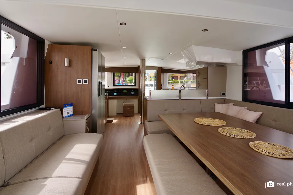 Salon of Antigone, a Bali 4.8 catamaran at Tonnarella, Italy
