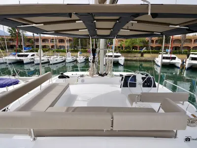 Deck of Antigone, a Bali 4.8 catamaran at Tonnarella, Italy