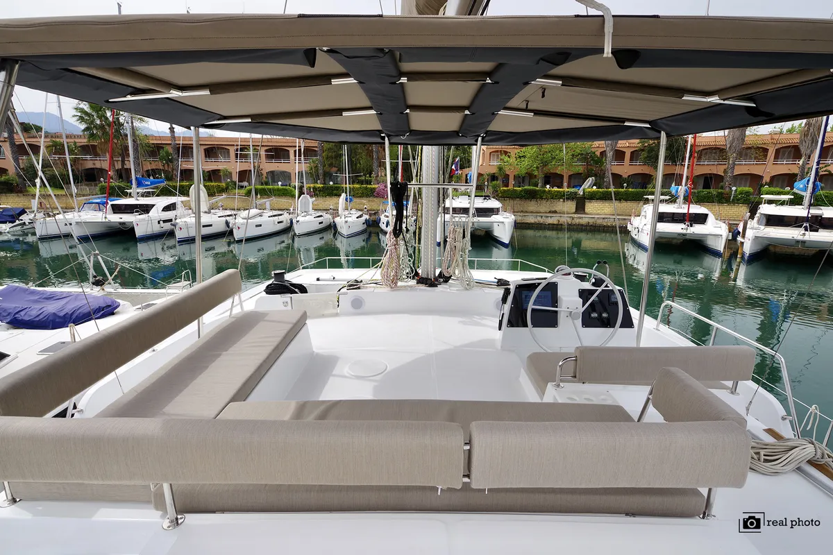Deck of Antigone, a Bali 4.8 catamaran at Tonnarella, Italy