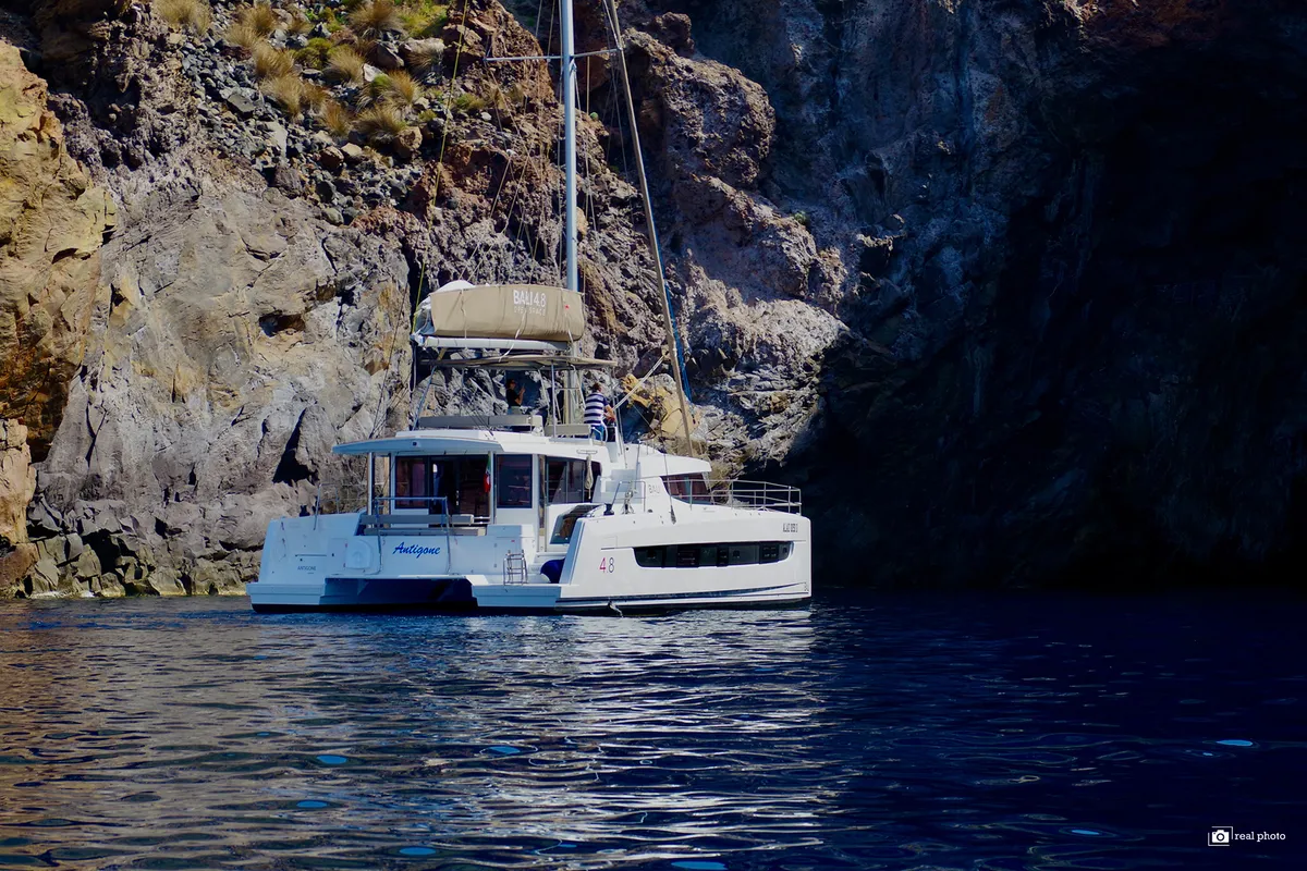 Exterior view of Antigone, a Bali 4.8 catamaran at Tonnarella, Italy
