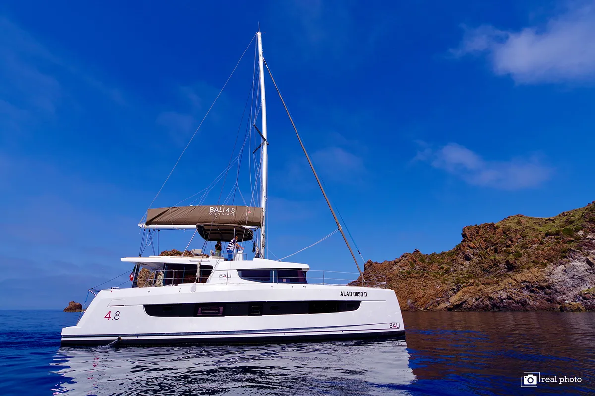 Exterior view of Antigone, a Bali 4.8 catamaran at Tonnarella, Italy