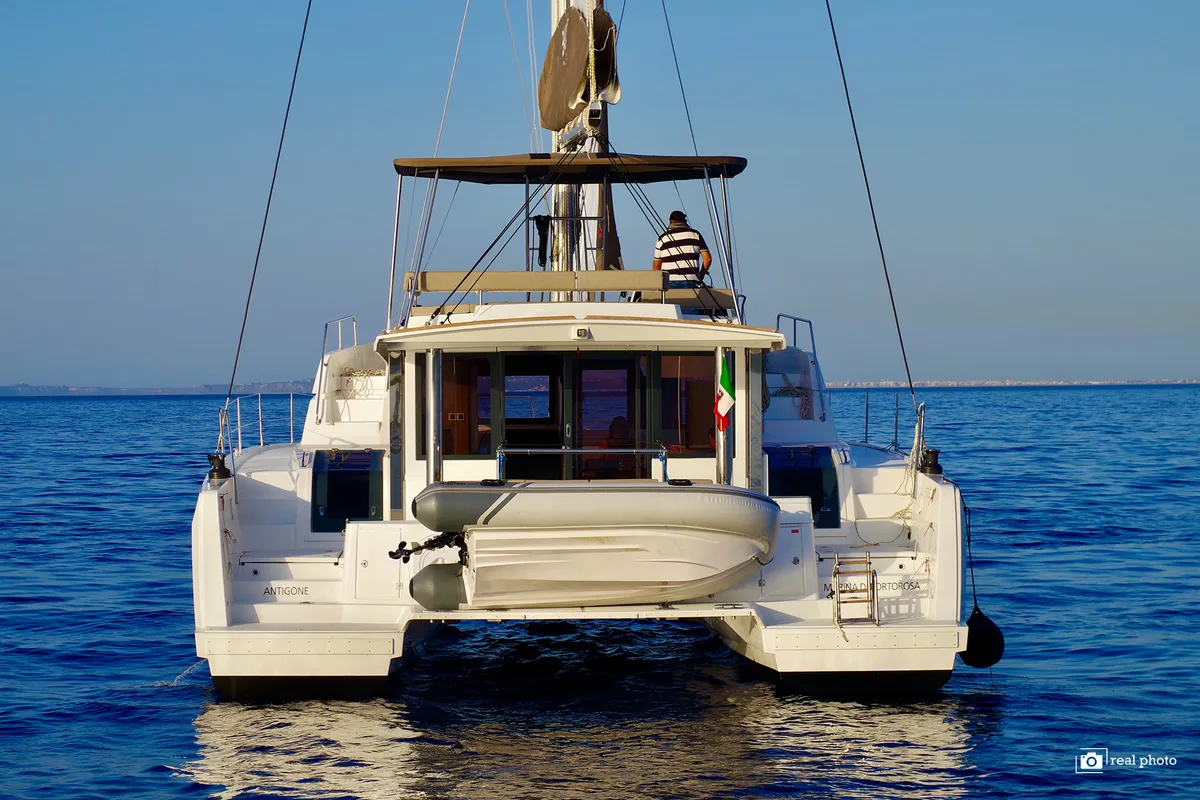 Exterior view of Antigone, a Bali 4.8 catamaran at Tonnarella, Italy