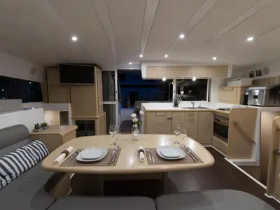 Salon of Lagoon 421, a catamaran at Lefkada, Greece
