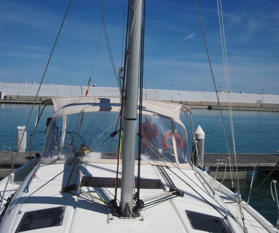 Deck of Enrica, a Jeanneau Sun Odyssey 440 sailboat at Capo d'Orlando, Italy