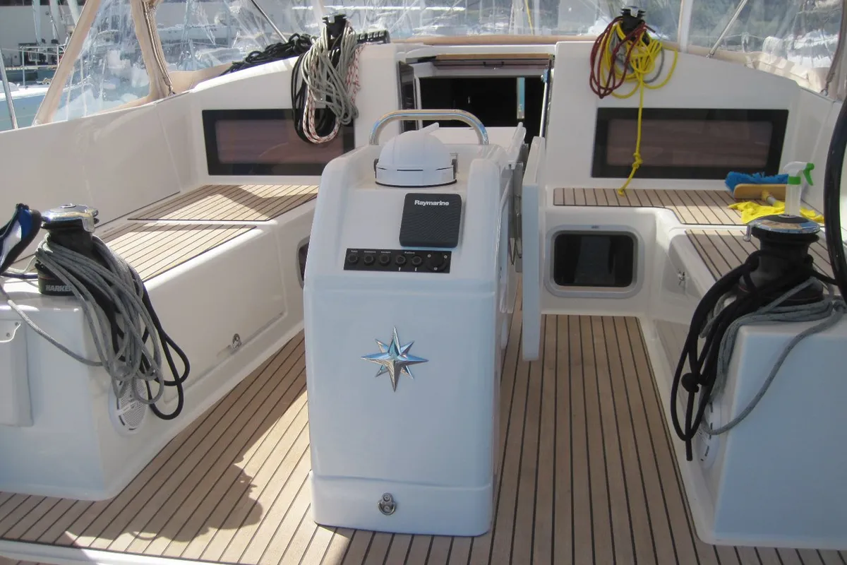 Cockpit of Enrica, a Jeanneau Sun Odyssey 440 sailboat at Capo d'Orlando, Italy
