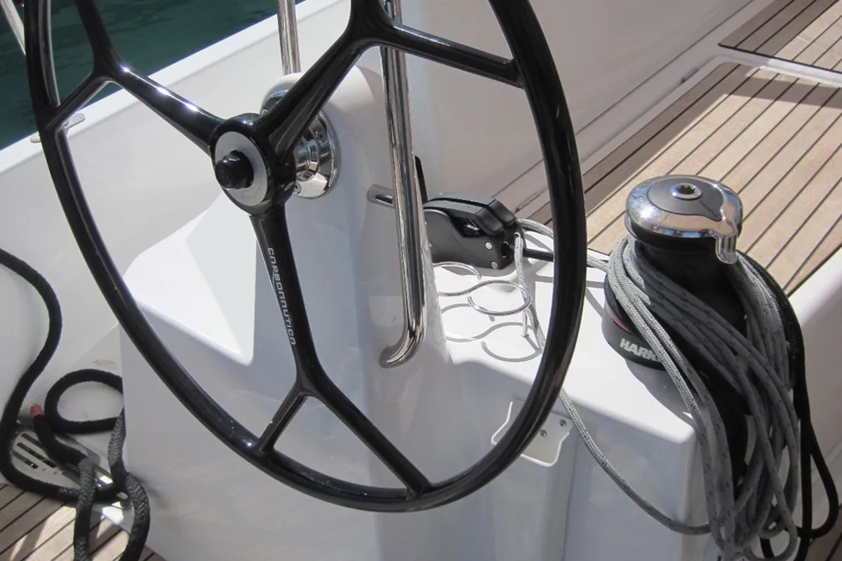 Cockpit of Enrica, a Jeanneau Sun Odyssey 440 sailboat at Capo d'Orlando, Italy