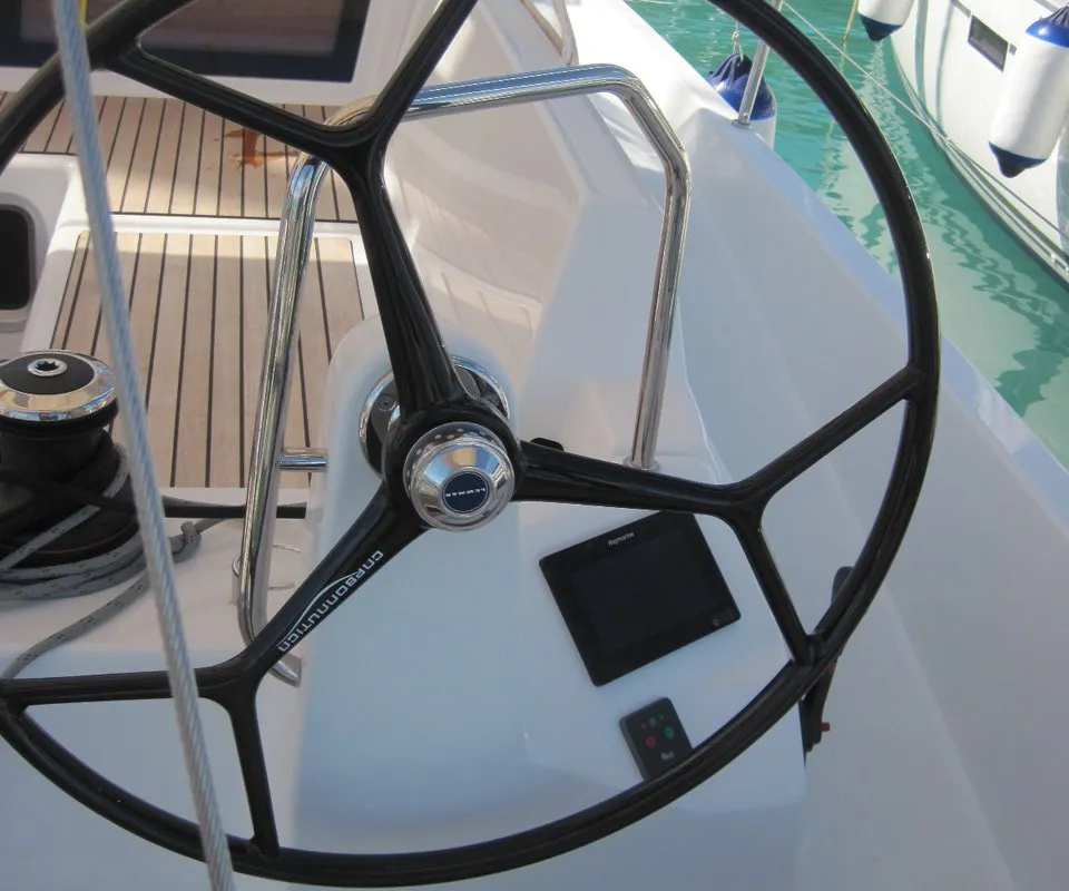 Cockpit of Enrica, a Jeanneau Sun Odyssey 440 sailboat at Capo d'Orlando, Italy