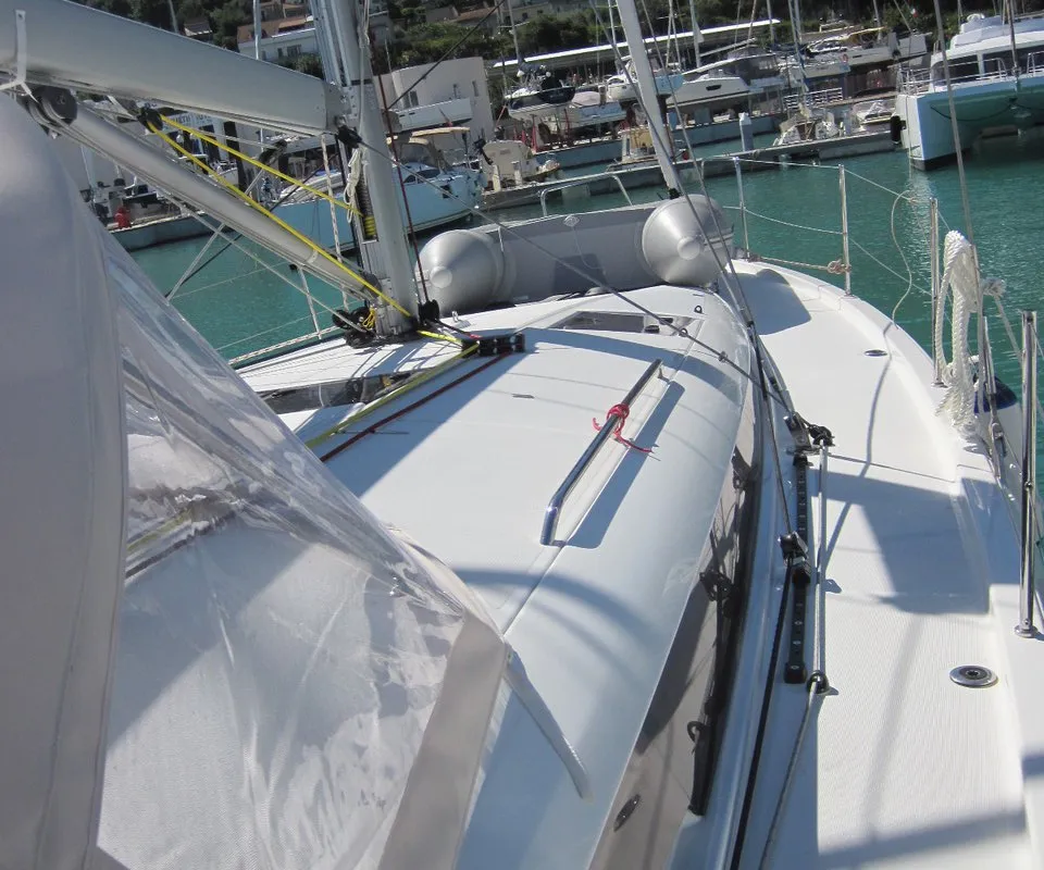 Deck of Enrica, a Jeanneau Sun Odyssey 440 sailboat at Capo d'Orlando, Italy