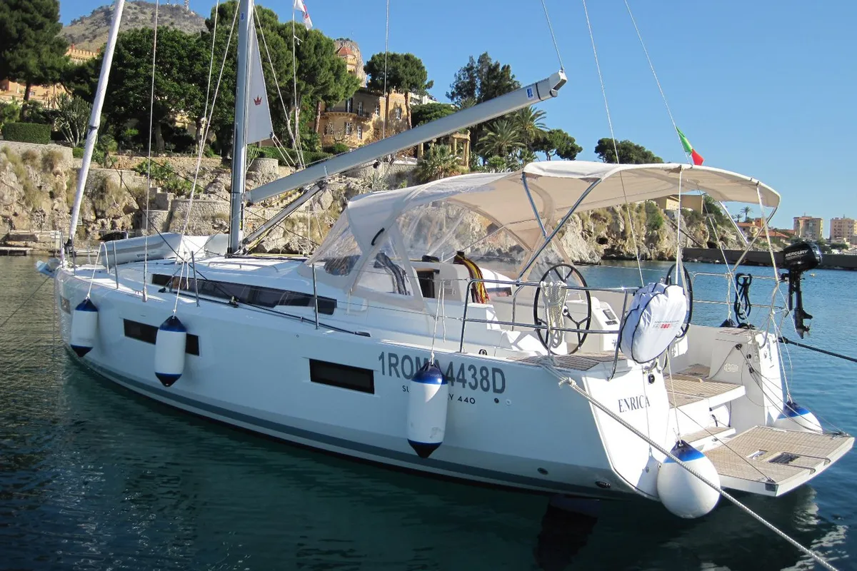 Exterior view of Enrica, a Jeanneau Sun Odyssey 440 sailboat at Capo d'Orlando, Italy