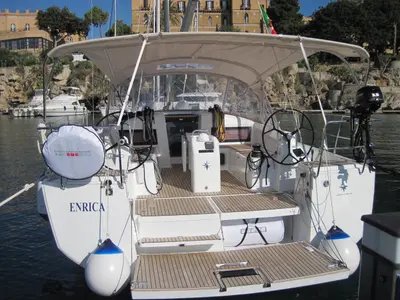 Cockpit of Enrica, a Jeanneau Sun Odyssey 440 sailboat at Capo d'Orlando, Italy