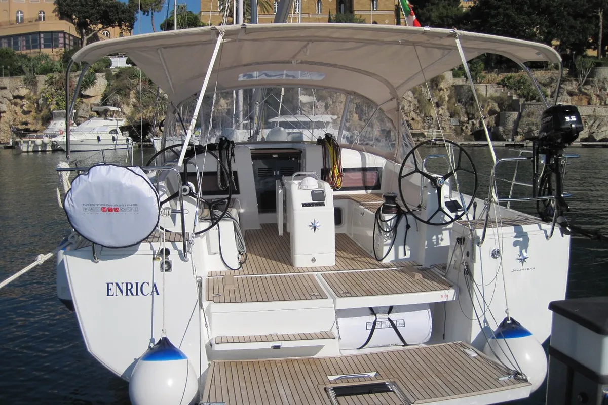 Cockpit of Enrica, a Jeanneau Sun Odyssey 440 sailboat at Capo d'Orlando, Italy