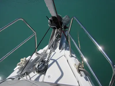 Deck of Enrica, a Jeanneau Sun Odyssey 440 sailboat at Capo d'Orlando, Italy