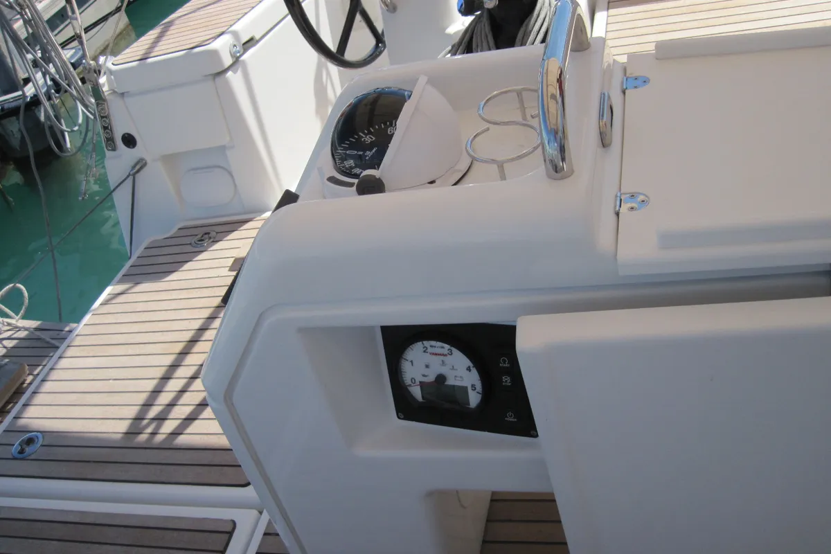 Cockpit of Enrica, a Jeanneau Sun Odyssey 440 sailboat at Capo d'Orlando, Italy