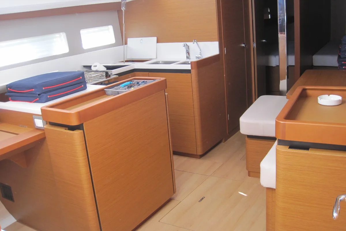 Cockpit of Enrica, a Jeanneau Sun Odyssey 440 sailboat at Capo d'Orlando, Italy
