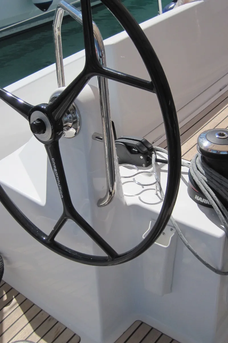 Cockpit of Enrica, a Jeanneau Sun Odyssey 440 sailboat at Capo d'Orlando, Italy