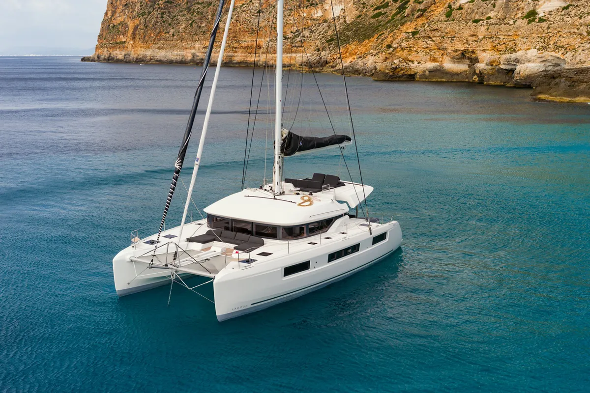 Exterior view of Silhouette, a Lagoon 50 catamaran at Athens, Greece