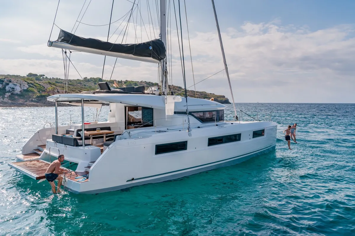Exterior view of Silhouette, a Lagoon 50 catamaran at Athens, Greece