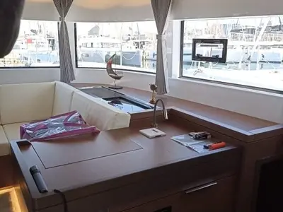 Salon of Silhouette, a Lagoon 50 catamaran at Athens, Greece