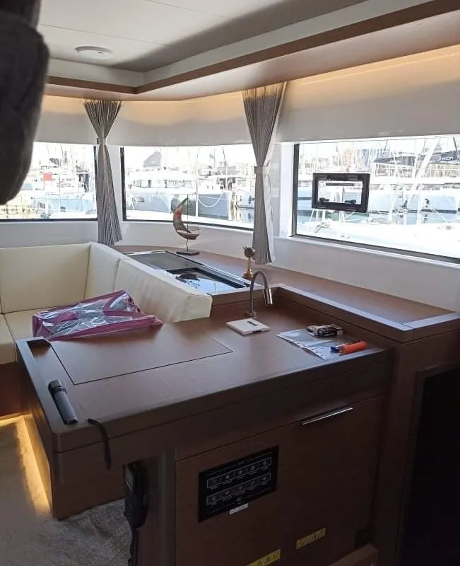 Salon of Silhouette, a Lagoon 50 catamaran at Athens, Greece
