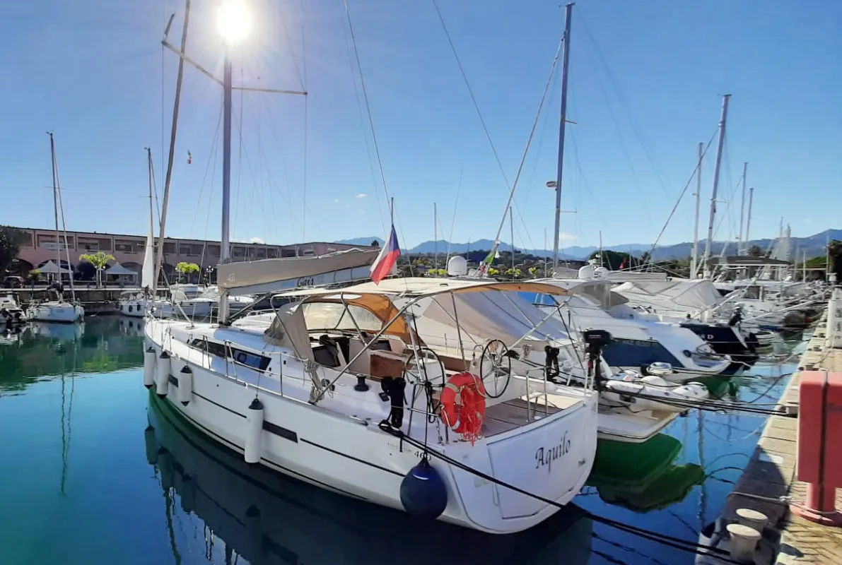 Exterior view of Aquilo, a Dufour 460 GL sailboat at Tonnarella, Italy