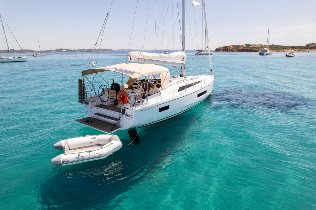 Exterior view of Netos, a Beneteau Oceanis 40.1 sailboat at Athens, Greece