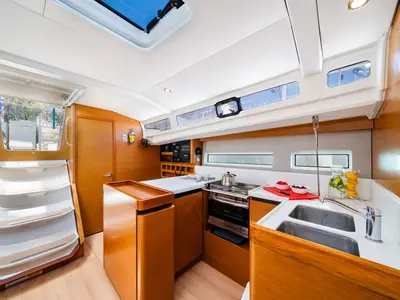 Galley of Amorgos, a Jeanneau Sun Odyssey 440 sailboat at Lavreotiki Municipal Unit, Greece