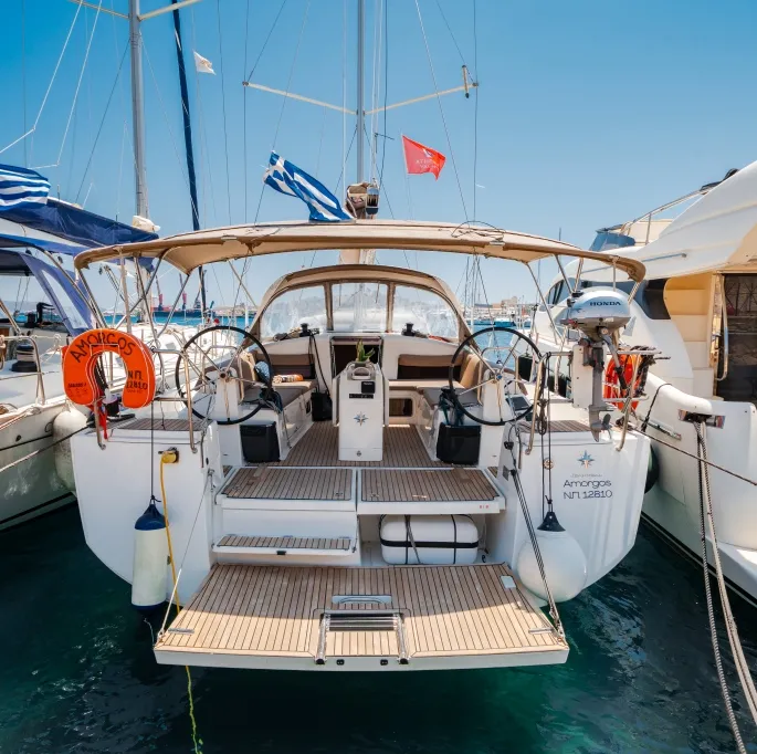 Exterior view of Amorgos, a Jeanneau Sun Odyssey 440 sailboat at Lavreotiki Municipal Unit, Greece