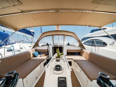 Cockpit of Amorgos, a Jeanneau Sun Odyssey 440 sailboat at Lavreotiki Municipal Unit, Greece