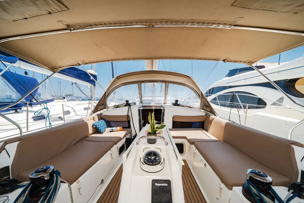Cockpit of Amorgos, a Jeanneau Sun Odyssey 440 sailboat at Lavreotiki Municipal Unit, Greece