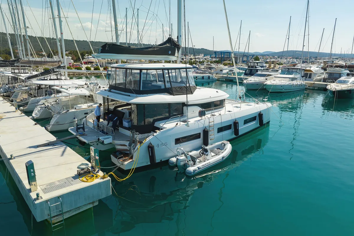 Exterior view of NOMAD, a Lagoon 55 catamaran at Split, Croatia