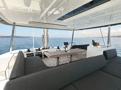 Cockpit of NOMAD, a Lagoon 55 catamaran at Split, Croatia