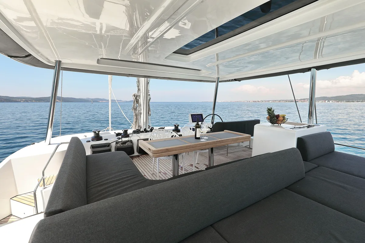 Cockpit of NOMAD, a Lagoon 55 catamaran at Split, Croatia
