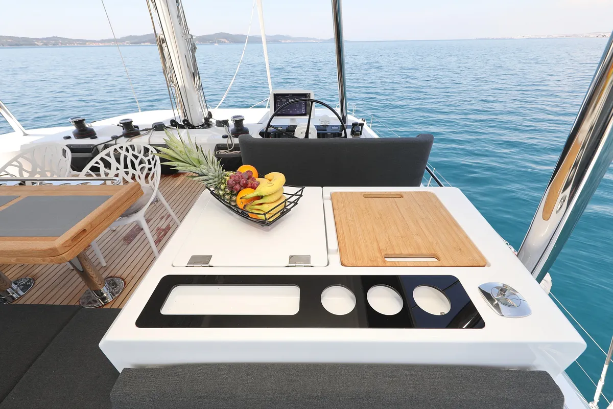 Cockpit of NOMAD, a Lagoon 55 catamaran at Split, Croatia