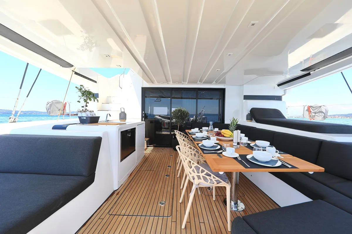 Deck of NOMAD, a Lagoon 55 catamaran at Split, Croatia